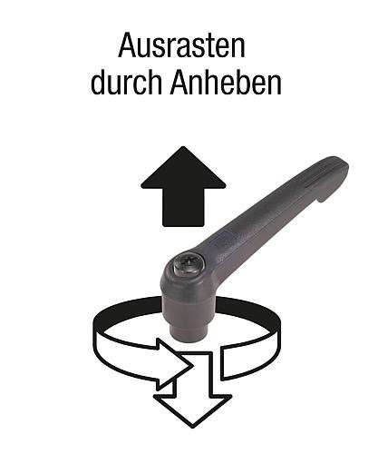 Klemmhebel Kunststoff mit Außengewinde und Druckstück, Gewindeeinsatz Stahl brüniert