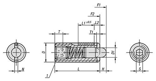 Federnde Druckstücke 
mit Innensechskant und Druckstift, Stahl, mit Gewindesicherung