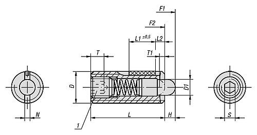 Federnde Druckstücke 
mit Innensechskant und Druckstift aus POM, Stahl, mit Gewindesicherung