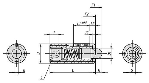 Federnde Druckstücke 
mit Innensechskant und Druckstift, Edelstahl, mit Gewindesicherung