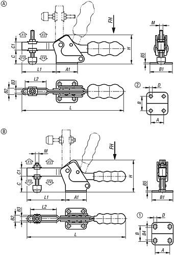 Schnellspanner Stahl schwarz, horizontal mit waagrechtem Fuß und verstellbarer Andruckspindel